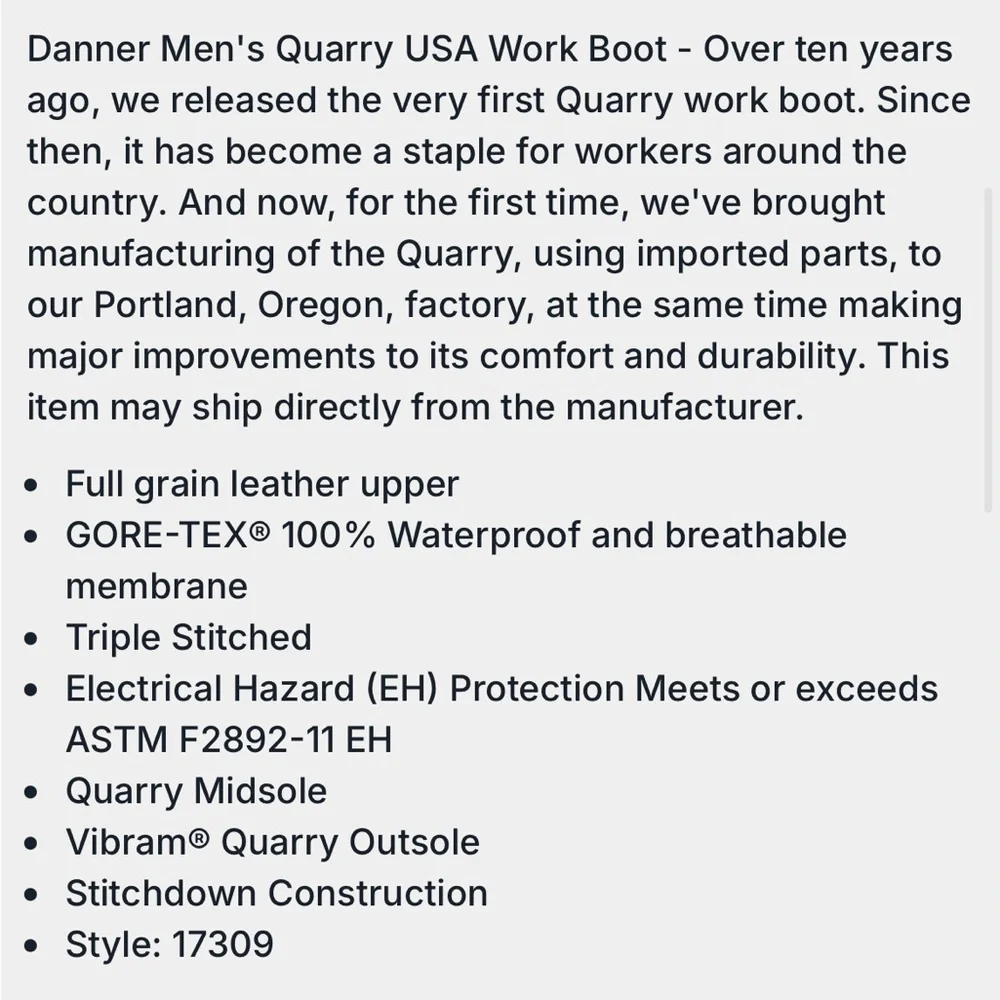 Danner Quarry USA Men 7.5D‎ Black Gore Tex EH Vibram Heavy Duty Work Boots